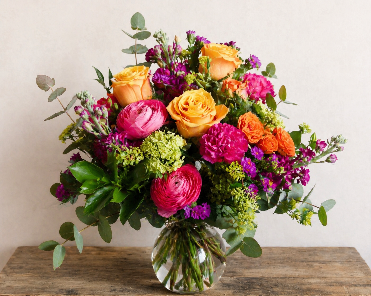 Colorful bouquet of flowers in a clear vase on a wooden surface with a light background